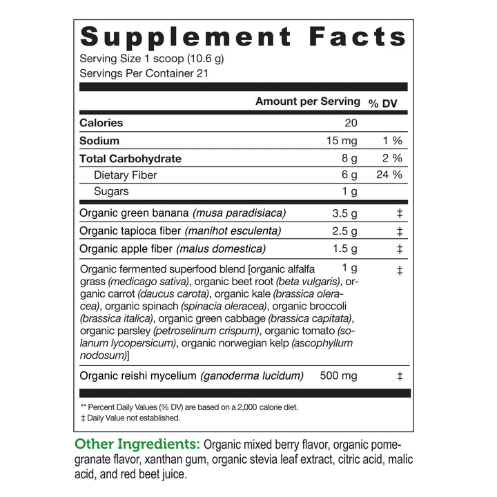 label Genuine Health fermented prebiotic superfoods+ summer berry pomegranate nutrition panel