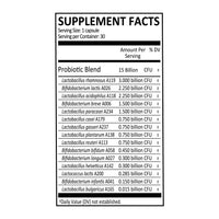 label Genuine Health's advanced gut health probiotic 15 billion CFU nutrition panel
