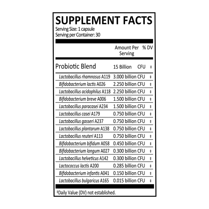 label Genuine Health's advanced gut health probiotic 15 billion CFU nutrition panel