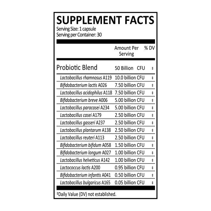label Genuine Health's advanced gut health probiotic 50 billion CFU nutrition panel