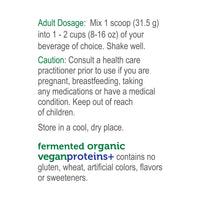 label Genuine Health's fermented organic vegan proteins chocolate flavor directions