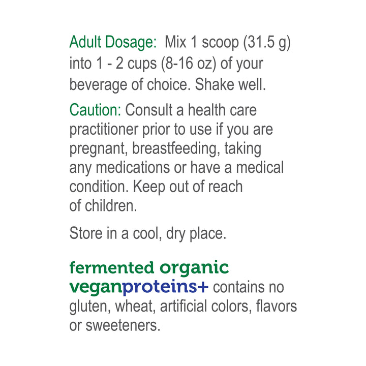 label Genuine Health's fermented organic vegan proteins chocolate flavor directions