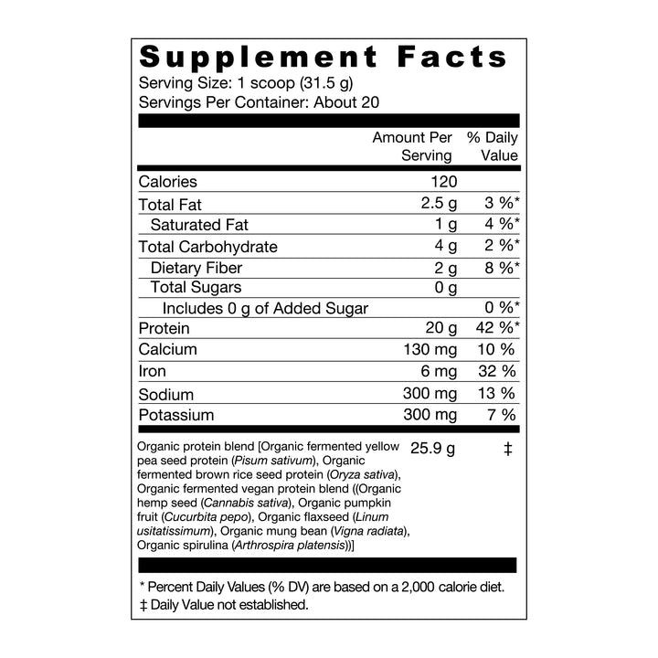label Genuine Health's fermented organic vegan proteins chocolate flavor nutrition panel