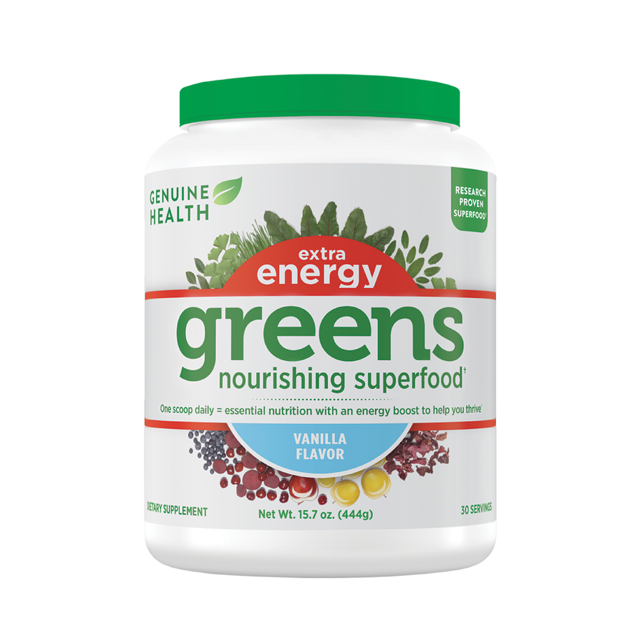 Genuine Health greens+ extra energy vanilla |444g